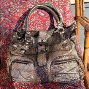 VTG Carla Mancini Y2K Metallic Leather Hobo Shoulder Bag Silver Studded Buckle